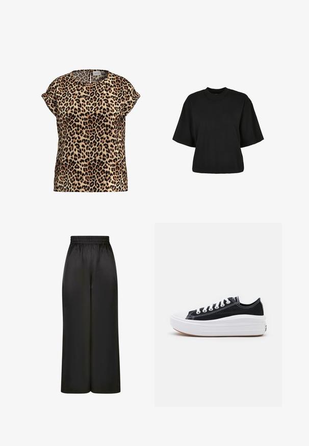 Leopárd mintás felső, rövid ujjú, kerek nyakú, selymes anyagból készült; bézs háttérrel és fekete, barna foltokkal rendelkezik.; Fekete, rövid ujjú, pamut crop póló. Kerek nyakkivágással rendelkezik. Simára készült textúrája van, egyszerű dizájn, nincs rajta további minta.; Fekete, bő szárú nadrág, sima, fényes anyagból, rugalmas derékrésszel, látható zsebek vagy fém részletek nélkül.; Fekete vászon sportcipők fehér fűzővel, fehér gumi orral és vastag fehér középtalppal. Finom fehér varrással és gumi talppal rendelkezik.