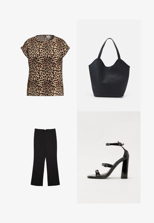 Paita kuosi leopardi, lyhyet hihat, pyöreä pääntie, valmistettu silkkisestä kankaasta; siinä on vaaleanruskea tausta mustilla ja ruskeilla täplillä.; Mustat housut suoralinjaisella leikkauksella, joissa on etutaskut ja sivurei'ät helman alla. Valmistettu pehmeästä ja sileästä kankaasta. Sopii eri tilaisuuksiin.; Musta kiiltävä korkokenkä sandaalit neliönmuotoisella varpaalla, nilkkaremmillä ja hopeisilla soljilla. Varustettu tukevalla lohkokorkealla vakauden takaamiseksi.; Mustat kangaskassit, jotka on valmistettu sileästä nahasta, jossa on kaareva, avoin yläosa, kaksi olkahihnaa ja minimalistinen muotoilu.