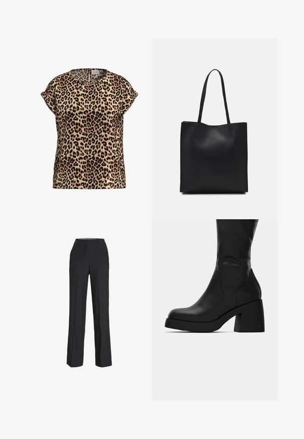 Leopardų rašto marškiniai, trumpomis rankovėmis, apvaliu kaklu, pagaminti iš šilkinės medžiagos; turi šviesiai rudos spalvos foną su juodomis ir rudomis dėmėmis.; Juodos, aukšto liemens kelnės su tiesiu kirpimu. Pagamintos iš lygaus audinio, su priekinėmis raukšlėmis ir šoninėmis kišenėmis.; Juoda odinė aulinukė iki blauzdų su masyviu blokiniu kulnu ir apvaliu pirštu, rodoma šoniniame profilyje ant balto fono.; Juodas odinis tote krepšys su lygia tekstūra, stačiakampio formos ir dviem ilgais rankenomis. Matomų metalinių detalių ar puošybos nėra.