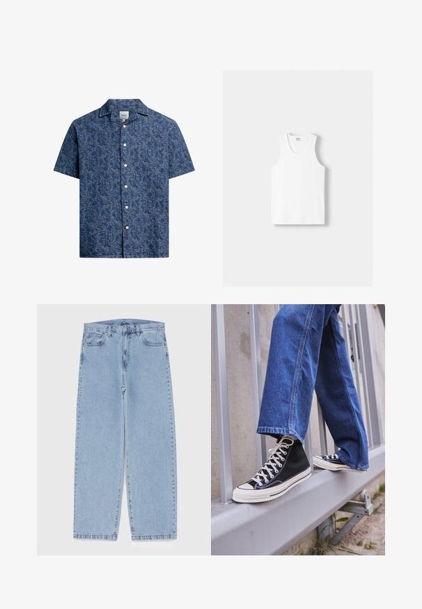 Lyhythihainen nappipaitaklassinen tekstuurista tummansinistä kangasta, jossa on hillitty kuvio. Edessä valkoisia nappeja.; Valkoinen puuvillainen hihaton paita, jossa on pyöreä kaula-aukko, leveät olkaimet ja suora helma. Paidan tekstuuri on sileä, eikä siinä ole näkyviä kuvioita.; Vaaleansiniset farkut suoran lahkeen muotoilulla, joissa on puolivälin vyötärö, viisi taskua sekä nappi- ja vetoketjusuljenta.; Mustat high-top tennarit valkoisella pohjalla ja nauhoilla, yhdistettynä väljään sinisiin farkkuihin, lepäävät harmaalla kaiteella.