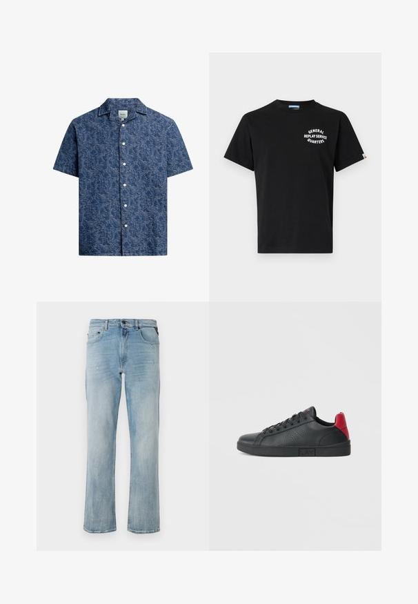 Kurzarm-Hemd aus strukturiertem dunkelblauem Stoff mit einem subtilen Muster und klassischem Kragen. Mit weißen Knöpfen auf der Vorderseite.; Schwarzes Baumwoll-T-Shirt mit kurzen Ärmeln und Rundhalsausschnitt. Auf der Brust befindet sich ein weißer Schriftzug "GENERAL REPLAY SERVICE QUARTERS".; Helle blaue Denim-Jeans mit lässiger Passform, die subtile used-Look-Details und ein klassisches Fünf-Taschen-Design aufweisen.; Schwarze synthetische Sneaker mit roten Fersenakzenten, perforiertem seitlichem Design, runder Zehenpartie, flacher schwarzer Sohle und schwarzen Schnürsenkeln.