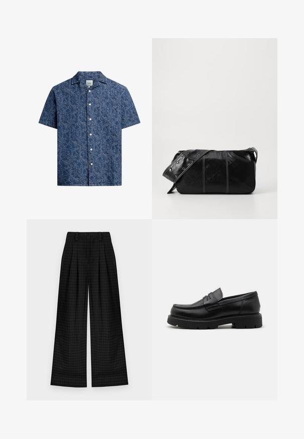 Short-sleeve button-up shirt in textured dark blue fabric with a subtle pattern and a classic collar. Features white buttons down the front.; Black short-sleeve polo shirt featuring a textured, abstract pattern. The collar is flat and slightly open, enhancing the relaxed design.; Black checkered wide-leg trousers with pleats, featuring a smooth texture and classic design. Lightweight fabric for comfort.; Black leather loafers with a rounded toe, textured accents on the front, and a chunky rubber sole with grooves for traction.; Black leather shoulder bag with a zip closure, featuring a textured body, white stitching, and a strap with silver grommets.