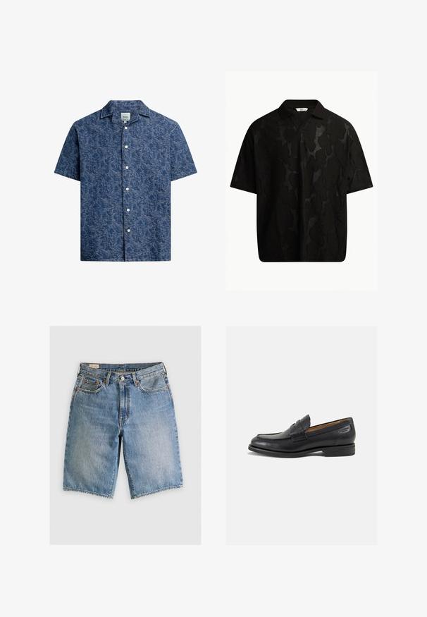 Košile s krátkým rukávem, zapínání na knoflíky, vyrobená z текстurované tmavě modré látky s jemným vzorem a klasickým límečkem. Obsahuje bílé knoflíky vpředu.; Černé polo tričko s krátkým rukávem, které má strukturovaný, abstraktní vzor. Límec je plochý a mírně rozepnutý, což podtrhuje uvolněný design.; Džínové šortky v světlé modré barvě s klasickým střihom. Mají pět kapes, oranžové švy a okraje s odřením.; Černé kožené mokasíny s hladkým povrchem, zaoblenou špičkou a dekorativním prošíváním na svršku. Nízký podpatka a mírný lesk.
