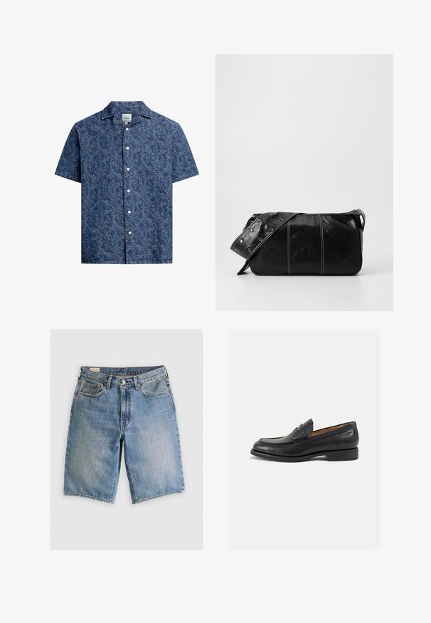 Short-sleeve button-up shirt in textured dark blue fabric with a subtle pattern and a classic collar. Features white buttons down the front.; Denim shorts in light blue with a classic cut. Features five pockets, orange stitching accents, and raw-edge hems.; Black leather loafers with a smooth finish, rounded toe, and decorative stitching on the vamp. Low stacked heel and slight shine.; Black leather shoulder bag with a zip closure, featuring a textured body, white stitching, and a strap with silver grommets.