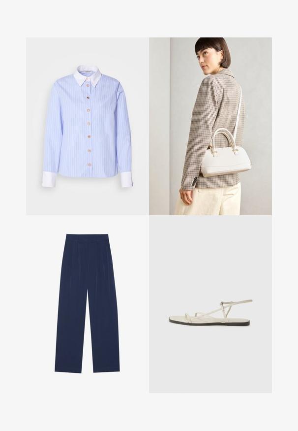 Ljusblå skjorta med fina vertikala ränder. Har en klassisk krage, långa ärmar och fem runda knappar framme. Vita manschetter.; Mörkblå vida byxor i mjukt tyg, med framdragningar, en slät textur och rak passform utan synliga fickor.; Beige platt sandal med flera smala remmar och ett justerbart spänne. Sulan är platt med en lätt mörk kontrast vid kanten.; Vitt strukturerat handväska med korta handtag och en axelrem, med gyllene detaljer och texturerat material, visad mot en grå bakgrund.