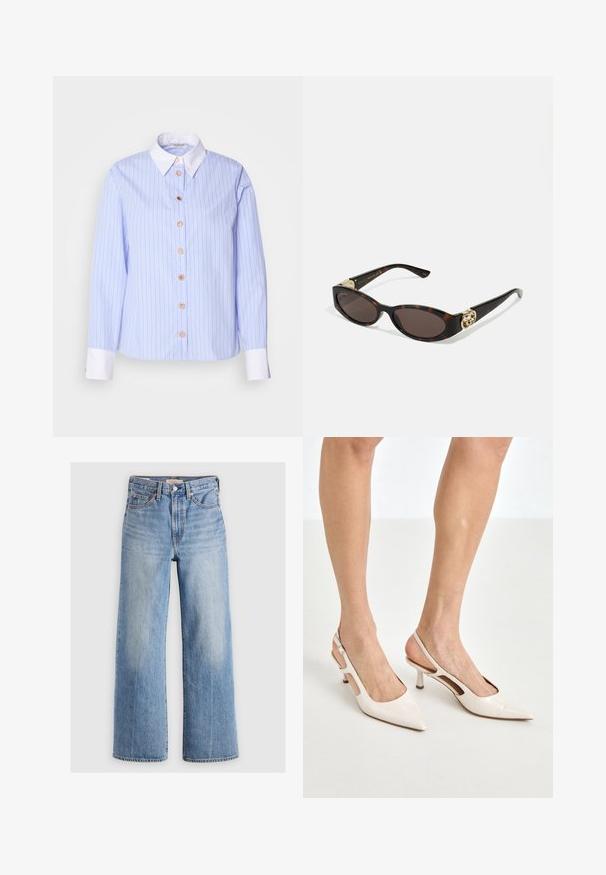 Camicia azzurro chiaro con sottili righe verticali. Presenta un colletto classico, maniche lunghe e cinque bottoni tondi sul davanti. Polsini bianchi.; Jeans in denim blu chiaro a gamba larga con vita alta, aree sbiadite, cinque tasche e cuciture a contrasto. Classico bottone e chiusura con zip.; Tacchi slingback in pelle lucida beige con punta affusolata e tacco di 5 cm, caratterizzati da lati traforati e una sottile fascia alla caviglia.; Occhiali da sole tartarugati con lenti ovali allungate, tonalità marrone, accenti dorati con logo sulle tempie e aste nere eleganti.; Borsa a tracolla beige con un motivo stampato, forma curvata, dettagli in pelle e un logo dorato sul davanti. Presenta una maniglia corta per un facile trasporto.