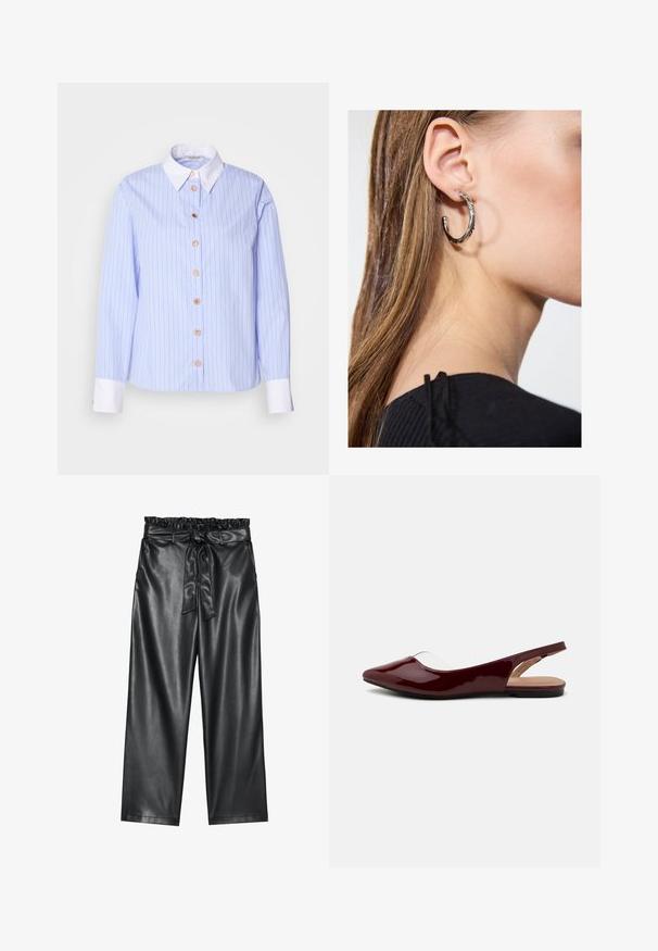 Lichtblauwe shirt met fijne verticale strepen. Heeft een klassieke kraag, lange mouwen en vijf ronde knopen aan de voorkant. Witte manchetten.; Zwarte faux leren wijde broek met een elastische, gerimpelde tailleband en een afneembare strikriem. Gladde textuur en minimale glans.; Bordeaux gepatenteerde slingback ballerina's met een puntige neus, transparante uitsnijding en een vlakke zwarte zool. Glad textuur, minimalistisch ontwerp.; Zilveren oorbel met een gepolijste afwerking, met kleine gouden accentdetails en een ronde vorm, gedragen op de oorlel.