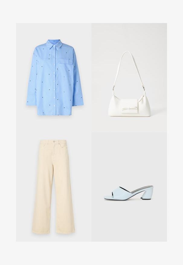 Blue striped shirt with long sleeves, featuring a button-down front, a chest pocket, and scattered black geometric patterns.; Beige wide-leg jeans made of cotton. Features a button closure, belt loops, and front pockets with a smooth, soft texture.; Light blue open-toe heeled mules with a geometric design, featuring a wide strap across the foot and a chunky, angular heel.; White synthetic handbag with a triangular shape, flat front flap and bow detail, adjustable strap, smooth texture, and minimalistic design.
