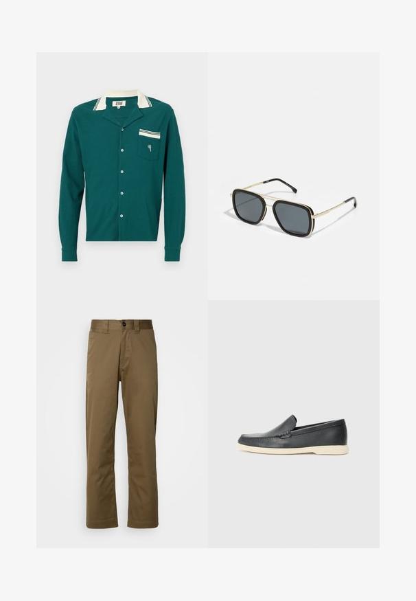 Camisa de manga longa em azul-piscina com colarinho, riscas brancas e um bolso no peito com um pequeno desenho de coração. Tecido texturizado e fecho de botão.; Calças castanhas de perna reta feitas de tecido entrelaçado. Apresenta um fecho com botão, bolsos laterais e uma textura suave. Ajuste sob medida.; Mocassins pretos em couro com acabamento texturizado e sola de borracha bege em contraste. Apresenta um detalhe subtil na parte da frente.; Óculos de sol pretos e dourados com formato quadrado, armação metálica, lentes cinza-escuras e ponteiras pretas. Apresenta um design de ponte dupla.