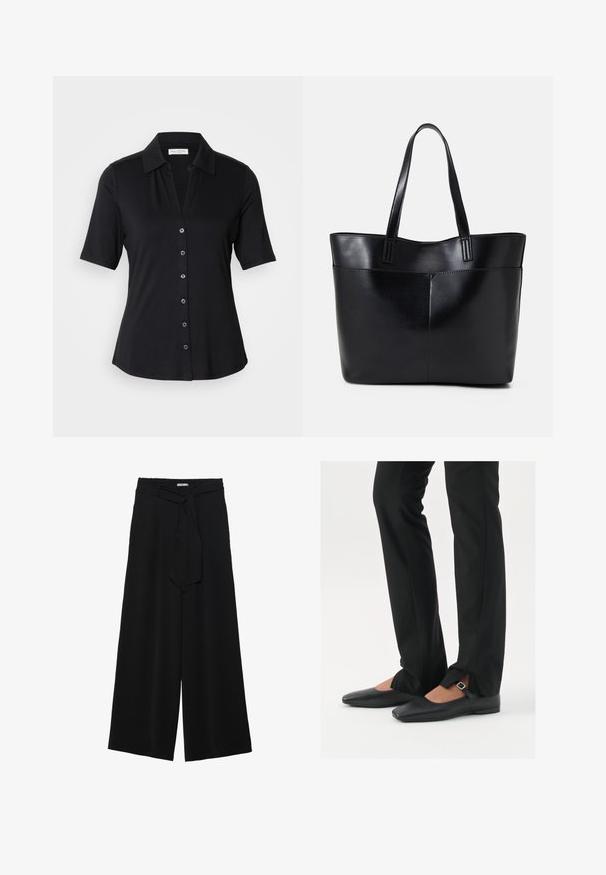 Čierna blúzka s krátkym rukávom vyrobená z hladkej tkaniny. Obsahuje golier a predné zapínanie na šesť guľatých gombíkov.; Čierne široké nohavice s textúrovanou tkaninou, elastickým pásom a odnímateľným viazaním na páse pre nastaviteľné priliehanie.; Čierne kožené baletky s špicatou špičkou, remienkom so striebornou prackou, skombinované s čiernymi strihovými nohavicami so rozparkom na leme.; Čierna kožená tote taška s dvoma dlhými rúčkami, hladkým povrchom a štruktúrovaným tvarom. Obsahuje prednú kapsu pre dodatočné uskladnenie.