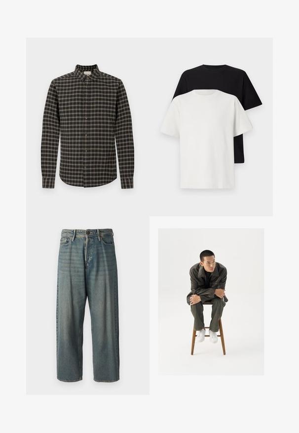 Knappe skjorte i mørk marineblå og beige rutemønster. Laget av myk stoff med krage, med en buet kant og brune knapper.; Sett med bomull t-skjorter bestående av en svart topp og en hvit topp, begge med korte ermer, rund hals og standard passform. Teksturet stoff.; Lyseblå denimjeans med løs passform, midjehøyde og rette ben. Har fem lommer, beltehemper og knappelukking.; Brun skinnjakke med bred krage, kombinert med mørkegrønne jeans og hvite sneakers. Modellen sitter på en trestol.
