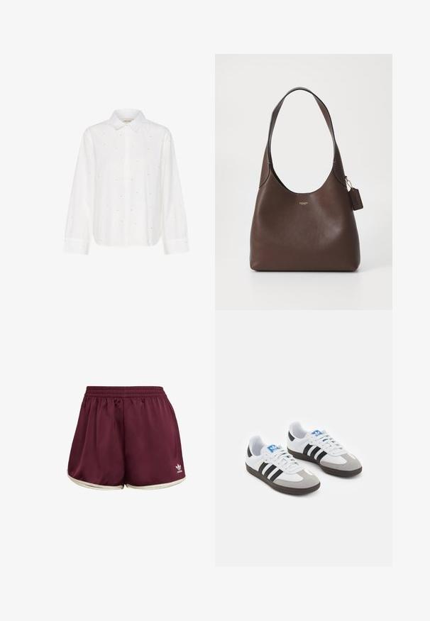 Blusa blanca de manga larga con cuello abotonado, que presenta pequeños acentos plateados y un ajuste relajado. Confeccionada en suave tejido de algodón.; adidas Originals SPRINTER - Shorts - maroon cream white; Zapatillas deportivas con parte superior de piel blanca, puntera de ante gris y tres rayas negras. Presentan un logo azul en la lengüeta y una suela de goma texturizada.; COACH BROOKLYN SHOULDER BAG - Bolso de mano - brown