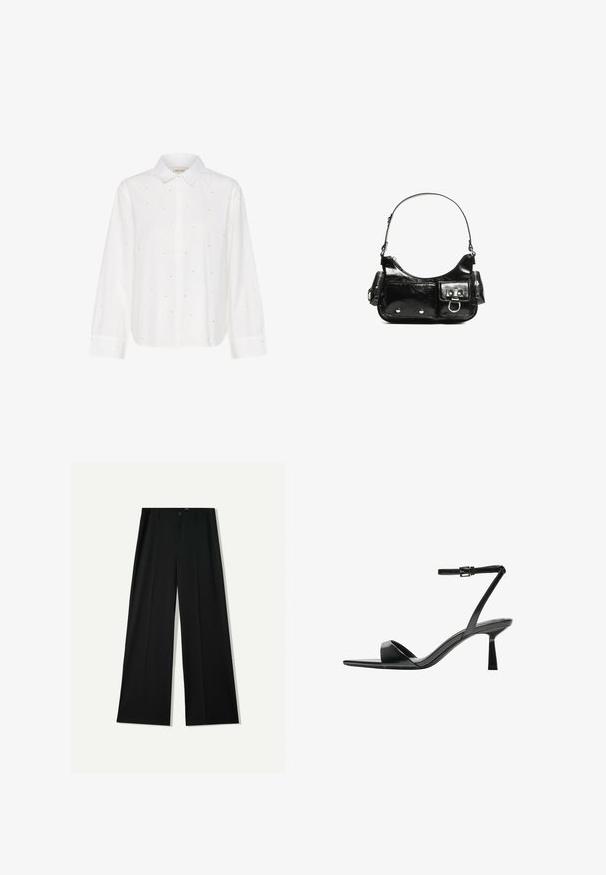 Fehér, hosszú ujjú blúz, gombos gallérral, kis ezüst részletekkel és laza szabással. Puha pamut anyagból készült.; Bershka WIDE - Nadrágok - black; Bershka Magas sarkú szandálok - black; Fekete lakkbőr kézitáska ívelt formával, egy vállpánttal, elülső zsebekkel és ezüstszínű fémrészletekkel.