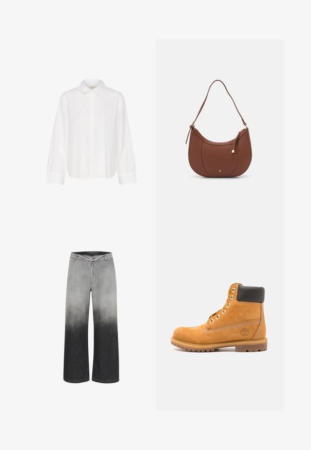 Balta ilga rankovė palaidinė su užsegamu apykakliniu, puošta mažomis sidabrinėmis detalėmis ir laisvu siluetu. Pagaminta iš minkštos medvilnės medžiagos.; Plati kojinės džinsai pilkos spalvos gradientu, perėjimas nuo šviesios iki tamsios. Pagaminti iš džinsinio audinio, su sagčių uždarymu ir tradicine 5 kišenių konstrukcija.; Rudos odinės aulinės batai iki kulkšnies su juodu paminkštinimu, auksiniais kabliukais ir tekstūruotu padu. Ant šono yra apvalus logotipas ir siuvinėjimo akcentai.; Ruda dirbtinės odos petinė piniginė su kreiva forma, minimalia siuvimo linija ir auksinės spalvos įranga. Yra užtrauktuko uždarymas viršuje ir reguliuojama petneša.