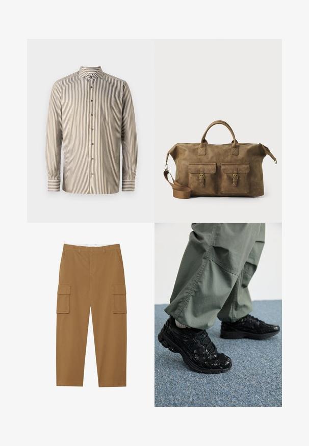 Camicia button-up a righe marrone e bianca, maniche lunghe, colletto classico, presenta righe verticali e dettagli in contrasto ai polsini.; Pantaloni cargo marroni con due tasche laterali, fronte piatto e taglio dritto. Realizzati in un tessuto durevole con una texture liscia.; Sneaker atletici neri con texture lucida e in rete, dotati di una suola spessa e lacci, abbinati a pantaloni cargo larghi verde oliva.; Borsa da viaggio in pelle marrone con due tasche frontali, tracolla regolabile, hardware dorato e manici superiori robusti. Texture liscia.