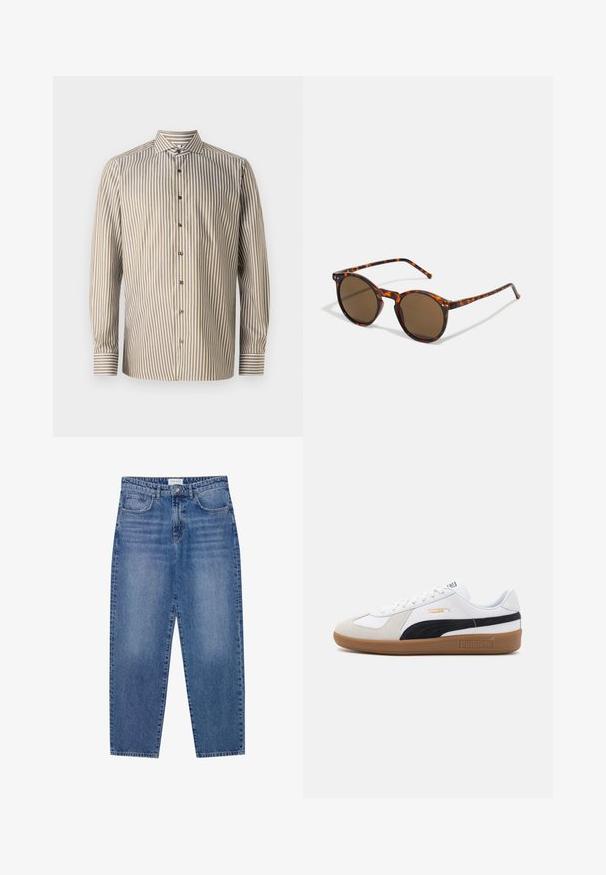 Striped button-up shirt in brown and white, long sleeves, classic collar, features vertical stripes and contrasting cuff detailing.; Blue denim jeans with a high waist, straight leg design, and faded finish. Features five pockets and a button closure.; White sneaker with black suede side stripe, tan rubber sole, and textured paneling. Features white laces and Puma logo detailing.; Round sunglasses with tortoiseshell frame and brown lenses. Features thin temples with slight texture and metal accents near the lenses.
