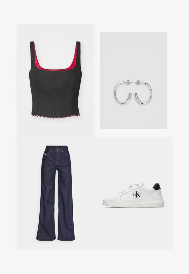 Musthave musthave crop shirt, mille textuuri, ruudukujuline dekoltee ja punane vooder. Omab dekoratiivset pärlitest äärt punase ja musta värvi kombinatsioonis.; Tumedates sinised laiad teksad denimpesus, kõrge vöökohaga, mis on varustatud oranžide õmblustega, viie-taskulise disaini ja nööbiga kinnitusega.; Valge madalate sokkidega jooksutoss, millel on must konts, platvormi tallad, paelad ja Calvin Kleini "CK" logo küljel.; Hõbedased rõngaskõrvarõngad, millel on sile ja läikiv pind. Ümar kuju, kerge disain, millel on post-tagumise kinnituse süsteem.