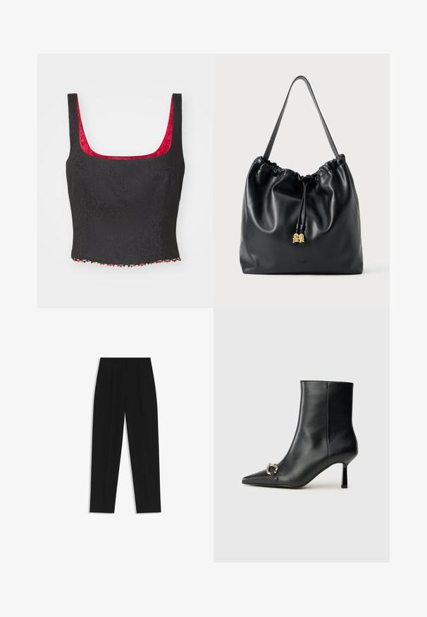 Zwarte crop top met een gestructureerd patroon, vierkante halslijn en rode voering. Heeft een decoratieve gehaakte zoom in rood en zwart.; Zwarte broeken met een rechte pasvorm, voorzien van dubbele plooien, een zachte textuur en een klassiek taillebandontwerp. Geen zichtbare hardware of accenten.; Zwarte leren enkelboot met spitse neus, slanke middenhoge hak en zilveren gespdetail aan de zijkant op een effen achtergrond.; Zwarte leren trekkoordtas met een soepele textuur, gatherin aan de bovenkant en subtiele gouden accenten. Beschikt over een enkele stevige schouderband en een geperst logo.
