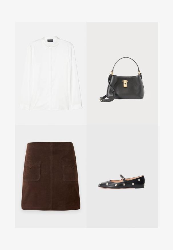 White long-sleeve shirt made of smooth fabric, featuring a classic collar, button front, and simple cuffs with a clean, minimalist design.; Brown suede skirt featuring a classic A-line shape, two front pockets with rounded flaps, and subtle stitching details.; Black leather Mary Jane flat shoe with a rounded toe, featuring silver circular studs and an adjustable strap with a buckle.; Black leather handbag with a textured finish, featuring a gold lock closure, short handle, and a detachable shoulder strap.