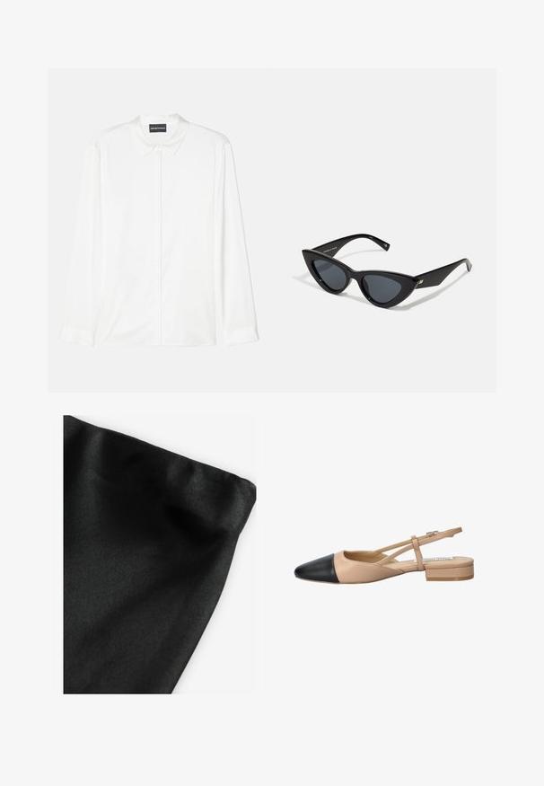 White long-sleeve shirt made of smooth fabric, featuring a classic collar, button front, and simple cuffs with a clean, minimalist design.; Black fabric with a smooth texture, featuring a folded edge. Material shows slight sheen and uniform surface without patterns or accents.; Beige and black two-tone slingback shoe with a pointed toe, flat heel, and crisscross strap detail. Smooth leather texture.; Cat-eye sunglasses with a glossy black plastic frame, dark lenses, and gold accent detailing on the temples. Angular design with sleek lines.