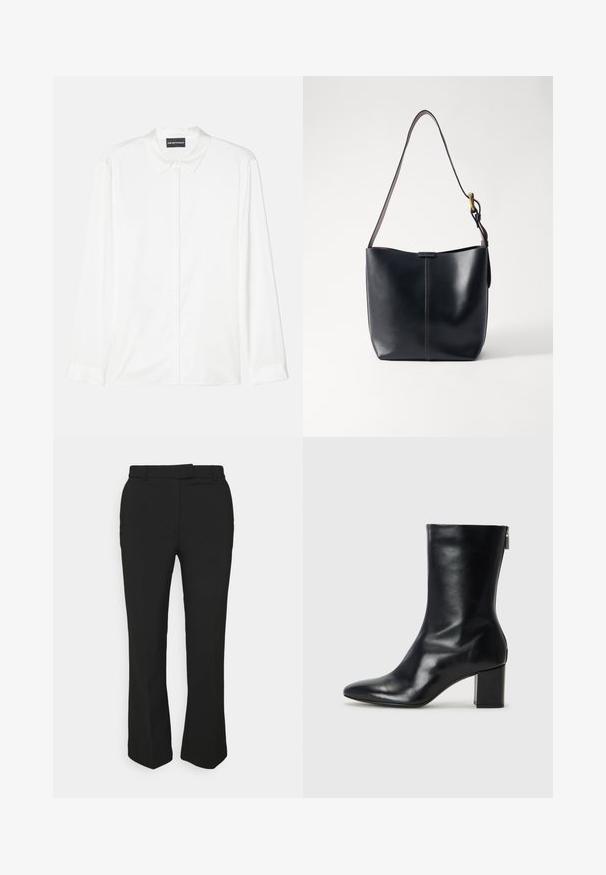 White long-sleeve shirt made of smooth fabric, featuring a classic collar, button front, and simple cuffs with a clean, minimalist design.; Black tailored pants with a straight-leg design, featuring belt loops and side pockets. Made from smooth fabric with a clean finish.; Black leather ankle boot with a pointed toe and 4 cm block heel. Sleek design features a side zipper for easy wear. Smooth texture.; Black leather shoulder bag with a smooth texture, featuring a thin, long strap and a subtle stitched detail down the center.