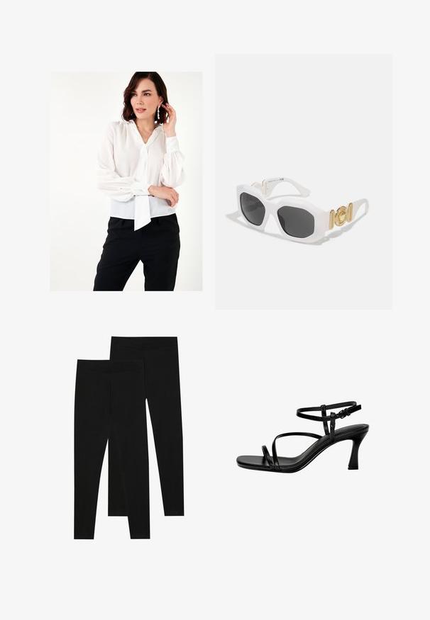 Bela, prosojna bluzica z balonastimi rokavi, z vezanjem ob vratu in s gumbi na manšetah, v kombinaciji s črnimi hlačami. Gladka tekstura.; Črne legice iz raztegljive tkanine, z brezšivnim pasom in oprijetim krojem, primerne za prosti čas ali vadbo.; Črne usnjene sandale s peto, ki imajo tanke trakove, kvadratni nos in stileto peto. Nastavljiv gleženjski trak za prilagajanje. Gladka tekstura.; Bele sive osmerokotne sončna očala s temnimi lečami. Opremljena so z zlatimi kovinskimi dodatki in strukturirano zasnovo na ročajih.; Črna sintetična torba za ramo s ukrivljeno silhueto, teksturirano površino, zlatim trikotnim logotipom in odstranljivimi dodatki.