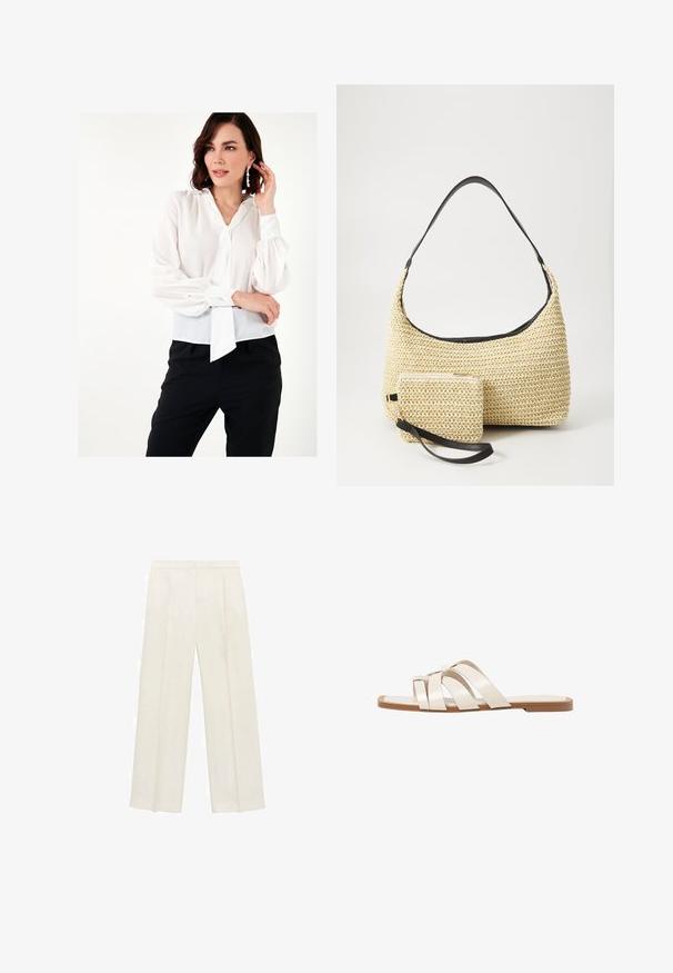 Blusa bianca e trasparente con maniche a palloncino, un fiocco sul collo e polsini con bottoni, abbinata a pantaloni neri. Tessuto liscio.; Pantaloni a gamba larga di un leggero colore crema. Realizzati in un tessuto morbido con pieghe sul davanti e tasche laterali.; Infradito con suola in gomma color talpa, progettate con tre cinturini in pelle bianca sovrapposti e un piccolo dettaglio a fiocco al centro.; Borsa in paglia intrecciata con silhouette curva, dotata di una tracolla in pelle nera liscia e di una piccola pochette abbinata, attaccata da un cinturino da polso.