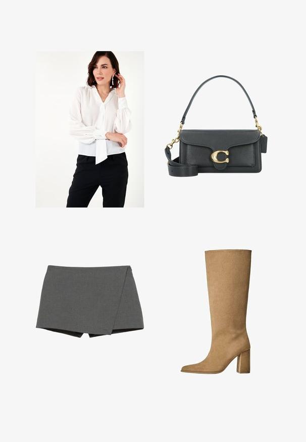Biała, przezroczysta bluzka z bufkami, z wiązaniem na dekolcie i guzikami na mankietach, w zestawie z czarnymi spodniami. Gładka faktura.; Szare szorty w stylu zwijanym, wykonane z gładkiego materiału, z ukośnym cięciem i czystymi krawędziami. Brak widocznych elementów metalowych lub ozdób.; Karmowe zamszowe botki do kolan na słupku, z ostrym noskiem i gładką fakturą. Minimalistyczny design bez ozdób.; Czarna skórzana torba na ramię z akcentami w kolorze złotym, wyposażona w charakterystyczne zapięcie, odpinany pasek na ramię oraz teksturowaną powierzchnię.