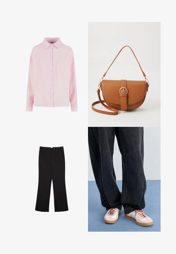 Light pink button-up shirt with a textured, crinkled fabric, collared neckline, long sleeves, and a single chest pocket.; Black trousers with a straight fit, featuring front pockets and side slits at the hem. Made of soft, smooth fabric. Suitable for various occasions.; Black baggy denim pants with front stitching details, paired with white and blush sneakers featuring a gum sole and pink laces.; Brown leather crossbody bag with a curved shape, gold hardware, and a buckle accent. Features a detachable shoulder strap.