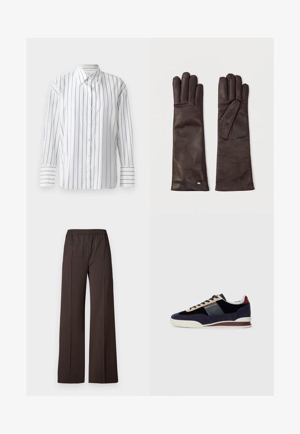 Hvit langermet skjorte med smale blå vertikale striper, knappestykke foran og klassisk krage. Glatt bomullsstoff, avslappet passform.; Vide benbukser i mørkebrun stoff med elastisk livlinje, som har en glatt tekstur og rene linjer for et skreddersydd utseende.; Marineblå søm sko med beige og mørkeblå detaljer. Har en hvit gummisåle og gullmerke på siden. Klassisk atletisk design.; Et par lange, mørkebrune læderhandsker liggende fladt med synlige sømme og en lille sølvdetalje nær håndleddet på den ene handske.