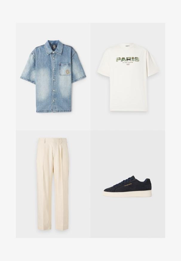 Világoskék farmer rövid ujjú ing, galléros nyakkal, elülső zsebbel és enyhe fakulással, fém gombokkal és hímzett mintával.; Fehér pamut póló, amelyen egy nagy grafikai nyomtatás látható "PARIS" felirattal, kamuflázs mintában. Rövidujjú és kerek nyakú. Laza, kényelmes fazon.; NN.07 KAY - Nadrágok - off white; Sötétkék velúr, alacsony szárú teniszcipő fehér talppal, sötétkék fűzőkkel és arany színű "Filling Pieces" logóval az oldalán.