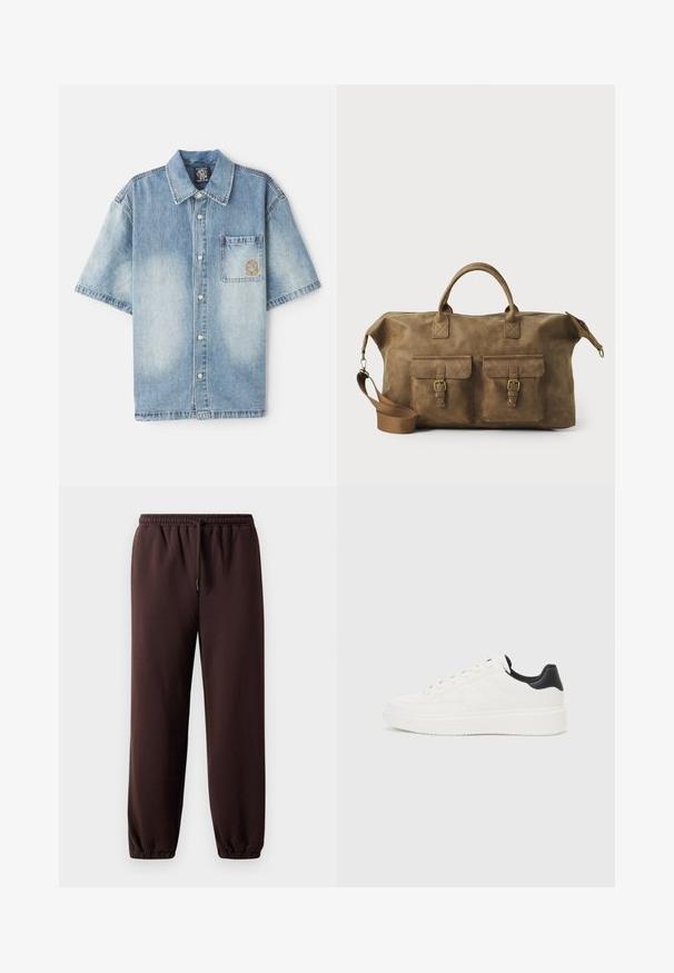 Világoskék farmer rövid ujjú ing, galléros nyakkal, elülső zsebbel és enyhe fakulással, fém gombokkal és hímzett mintával.; Barna sportos nadrág, állítható derékrésszel, elasztikus mandzsettákkal és sima pamut anyagból. Lazább fazonú és minimalista dizájnú.; Fehér bőr sportcipő, dombornyomott mintával, texturált fehér középtalppal és fekete sarokbetéttel. Kerek orrú és lapos fűzőkkel rendelkezik.; Barna bőr utazótáska, két elülső zsebbe, állítható vállpánttal, arany színű részletekkel és masszív felső fogantyúkkal. Sima felület.