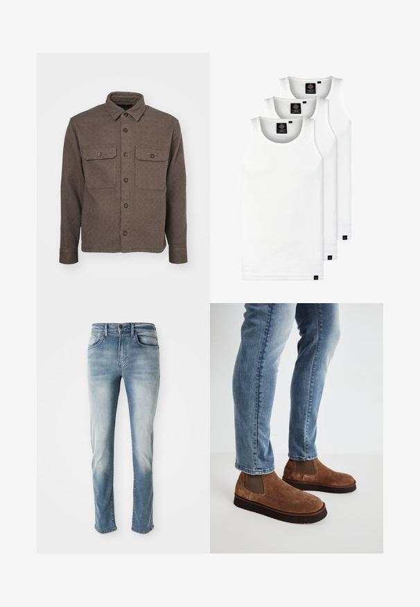 Abercrombie & Fitch DOBBY - Camicia - brown; Tre canotte bianche a coste in cotone. Presentano un colletto rotondo e piccole etichette nere vicino all'orlo. Disponibile in diverse taglie.; Jeans di denim azzurro chiaro con un classico design a cinque tasche, una leggera sbiaditura e un taglio dritto. Presentano una chiusura con bottone e passanti per cintura.; Stivali alla caviglia in suede marrone con pannelli elastici laterali, suole in gomma nera spessa, abbinati a jeans slim-fit blu chiaro.