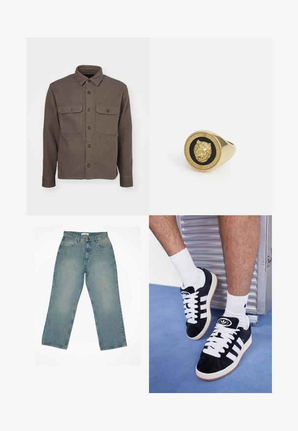 Abercrombie & Fitch DOBBY - Shirt - brown; White short-sleeve t-shirt made of soft cotton. Features a crew neck and relaxed fit, with a smooth texture and clean, unadorned design.; Light blue denim jeans with a high waist and wide-leg fit. Features front pockets, a zipper fly, and visible stitching details.; Black suede sneakers with white laces and three white stripes. Features a circular black logo on the tongue and a gum rubber sole.; Gold-tone ring featuring a raised lion motif on a black background, framed by a circular band engraved with the brand name.