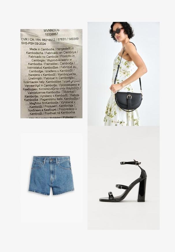 Címke színes szöveggel, világos textil háttéren. Gyártási részleteket sorol fel különböző nyelveken; legfőképpen a "Kambodzsában készült" felirat olvasható.; Világoskék farmer rövidnadrág, öt zsebbel, cipzáros megoldással és gombos záródással. A szegélyt megkoptatták, és laza szabású dizájn jellemzi.; Fekete lakk magas sarkú szandál két csatos pánttal, négyzet alakú orral és tömzsi blokk sarokkal, sima, fényes felülettel.; Fekete bőrtáska ívelt formával, levehető pánttal és arany színű fémrészekkel. A táskán egy csattal díszített fedél található.