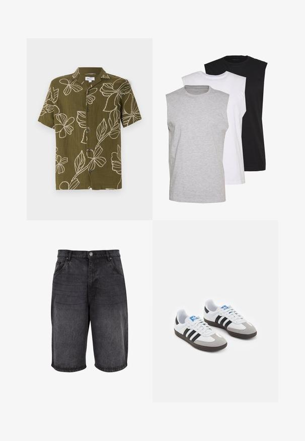 Kurzärmliges olivgrünes Hemd mit weißer Blumenstickerei, durchgehender Knopfleiste und lockerer Passform. Weicher Stoff, lässiges Design geeignet für warmes Wetter.; Drei ärmellose T-Shirts in Grau, Weiß und Schwarz. Weiches Baumwollmaterial mit Rundhalsausschnitt und lockerer Passform. Einfaches Design, keine Muster.; Schwarze Jeansshorts mit lockerer Passform, fünf Taschen Design und Knopfverschluss. Der Stoff hat eine glatte Textur mit dezentem Verblassen.; Sportschuhe mit einem Obermaterial aus weißem Leder, grauer Wildleder-Zehenkappe und drei schwarzen Streifen. Sie verfügen über ein blaues Logo auf der Zunge und eine strukturierte Gummisohle.