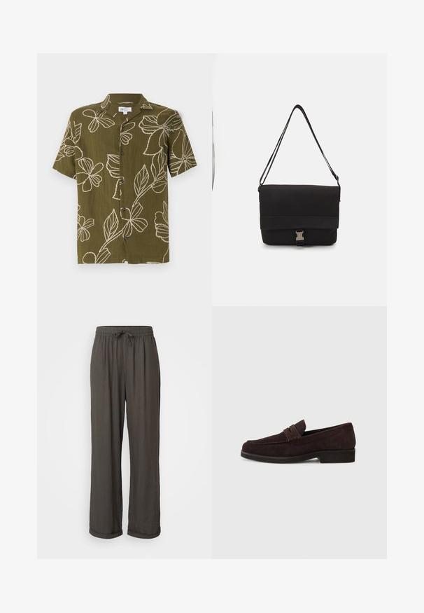 Short-sleeve olive green shirt with white floral embroidery, button-down front, and relaxed fit. Soft texture, casual design suitable for warm weather.; Dark gray wide-leg pants with a drawstring waist, made of a soft, textured fabric, featuring rolled cuffs at the ankles.; Brown suede loafers with a low profile and rounded toe. Features a decorative strap across the upper, flat rubber sole, and no visible stitching.; Black messenger bag made of smooth material, featuring a fold-over flap, silver clasp hardware, and an adjustable shoulder strap.