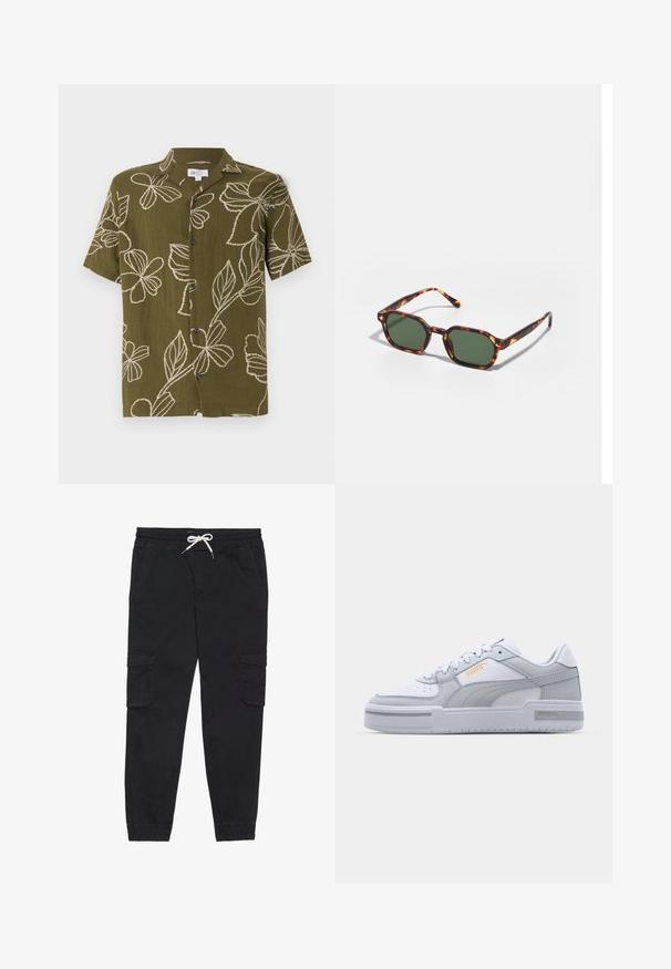 Short-sleeve olive green shirt with white floral embroidery, button-down front, and relaxed fit. Soft texture, casual design suitable for warm weather.; Black cargo pants made of cotton, featuring an elastic waistband with a drawstring, side pockets, and tapered cuffs.; Gray and white sneakers with smooth leather upper, perforated toe, lace-up closure, textured accents, and a subtle gold logo.; Tortoiseshell sunglasses with green lenses, featuring an octagonal shape and slim, curved arms. Material has a glossy finish.