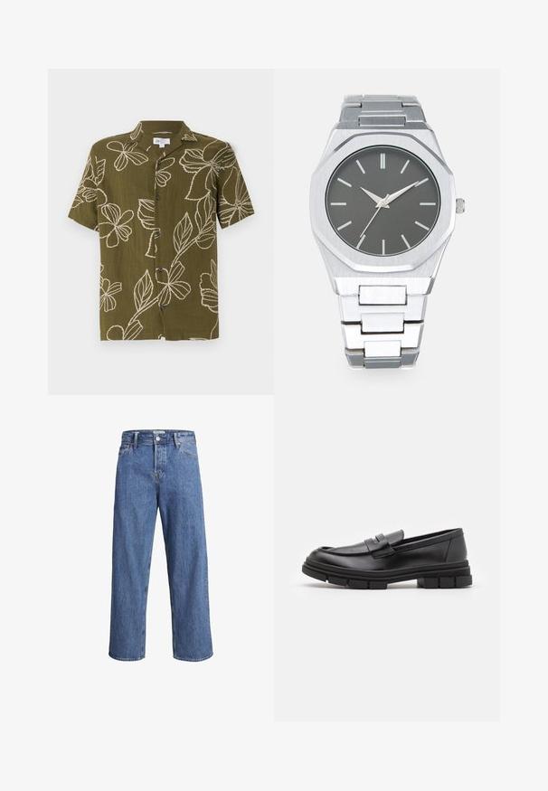 Kortærmet olivengrøn skjorte med hvid blomsterbroderi, knaplukning foran og afslappet pasform. Blød tekstur, afslappet design egnet til varmt vejr.; Lysblå denimjeans med en lige ben-design, høj talje og minimale syninger. Stoffet har en blød, let falmet tekstur.; Sorte læder loafers med en glat finish, der har en frontrem detalje og en kraftig gummisål med rillletaccents.; Sølv analog ur med et oktagonalt hus, grå urskive, sølvfarvede timeindikatorer og et armbånd af rustfrit stål. Minimalistisk design med en glat tekstur.