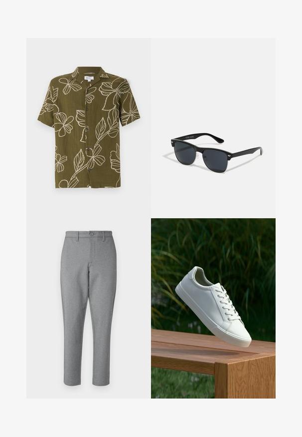 Kortermet skjorte i olivengrønn med hvit blomsterbroderi, knappestolpe foran og avslappet passform. Myk tekstur, uformell design som passer for varmt vær.; Grå skreddersydde bukser med en subtil tekstur, rette ben og knappelukking foran. Har beltehemper og sidelommer.; Hvite snørestøbber som svever over en trebenk med grønt løvverk i bakgrunnen, som fremhever skoens design og tekstur.; Sorte solbriller med rektangulær form, mørke linser, sølvfargede detaljer ved templene, og en matt finish på rammen.