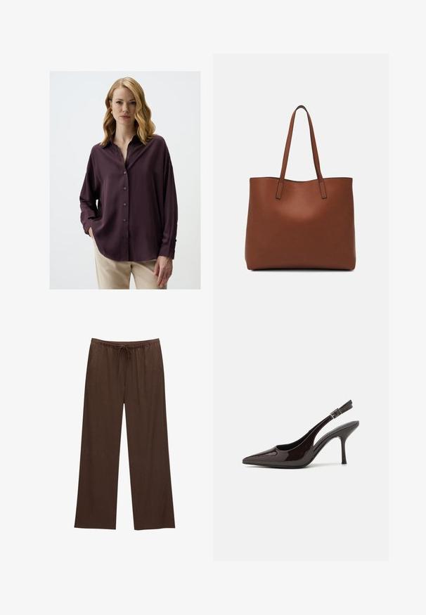 Ciemnofioletowa koszula zapinana na guziki o luźnym kroju, z długimi rękawami i kołnierzykiem. Gładka tekstura z delikatnym połyskiem, w połączeniu z jasnymi spodniami.; Brązowe spodnie szerokie wykonane z miękkiego materiału, z elastycznym paskiem w talii i sznurkiem, oraz dwiema bocznymi kieszeniami.; Sandały na obcasie typu slingback z błyszczącej ciemno-brązowej lakierowanej skóry, w szpic, z otwartymi bokami i regulowanym paskiem wokół kostki.; Brązowa skórzana torba tote o gładkiej fakturze, z otwartym wierzchem i dwoma ramiączkami. Charakteryzuje się minimalnym przeszyciem i brakiem widocznych elementów metalowych.