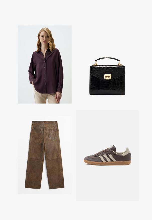 Donkerpaarse blouse met een relaxte pasvorm, lange mouwen en een kraag. Glad textuur met een subtiele glans, gecombineerd met lichtgekleurde broeken.; Bruine leren wijde broek met twee achterzakken en zichtbare stiksels, vanaf de achterkant weergegeven op een witte achtergrond.; Bruine leren sneaker met drie lichtgekleurde strepen, rubberen gumzool, ronde neus en gestructureerde nubuck accenten op de hiel en neus.; Zwarte faux-krokodillenleder handtas met een gestructureerd ontwerp, gouden hardware, een bovenhandgreep en een magnetische klepsluiting.