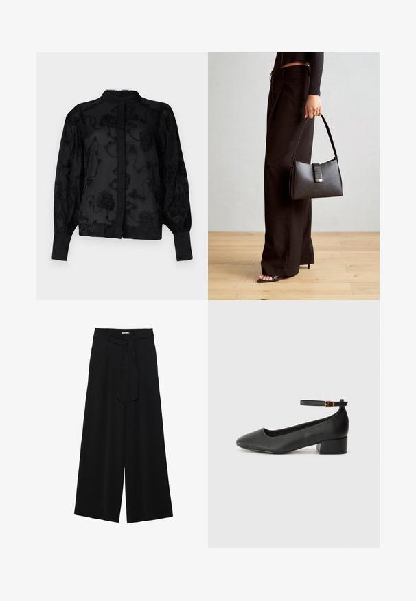 Blusa nera con motivo floreale ricamato, collo alto, polsini aderenti e chiusura con bottoni sul davanti. Tessuto trasparente con dettagli testurizzati.; Pantaloni neri a gamba larga caratterizzati da un tessuto testurizzato, una vita elastica e una cintura staccabile per una vestibilità regolabile.; Pump in pelle nera con punta affusolata e tacco basso a blocco. Presenta una cinghia alla caviglia con una fibbia in tonalità oro. Texture liscia.; Borsa nera con forma strutturata, texture liscia e una chiusura metallica. Abbinata a pantaloni neri larghi e sandali open-toe su un pavimento in legno.