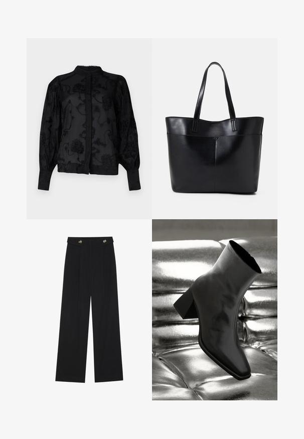 Crna bluza s izvezenim cvjetnim uzorkom, visokim ovratnikom, pripijenim manžetama i dugmadima na prednjoj strani. Prozirna tkanina s teksturiranim detaljima.; Crne hlače širokih nogavica s visokim strukom, s dugmadi na pojasu i prednjim nabora.; Crni gležnjača napravljena od sjajnog materijala sa četvrtastim vrhom i suženom petom, postavljena protiv srebrne sjajne pozadine sa nabranim uzorkom.; Crna kožna torba s dugim ručkama, glatkom teksturom i strukturiranim oblikom. Ima prednju džep za dodatno pohranu.