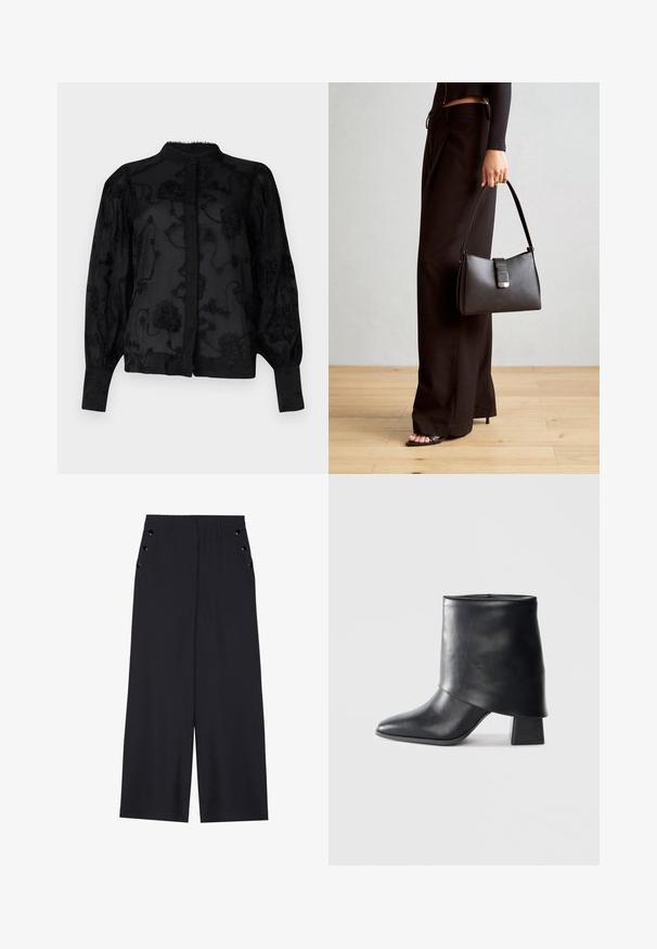 Bluză neagră cu model floral brodat, gât înalt, manșete ajustate și închidere cu nasturi pe față. Material transparent cu detalii texturate.; Pantaloni evazați din material bleumarin închis, cu o textură netedă, pliseuri frontale și ochiuri decorative aurii pe buzunarele laterale.; Botine din piele neagră cu vârf ascuțit, textură netedă și toc bloc structurat. Prezintă un design cu manșetă înaltă și pliată.; Genți negre cu o formă structurată, textură netedă și un închizător metalic. Asortată cu pantaloni negri largi și sandale cu vârf deschis pe un podea din lemn.