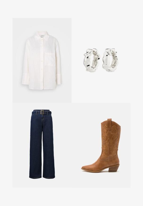 White, long-sleeve linen shirt with a button-down collar. Features a front pocket and a relaxed, slightly oversized fit. Textured fabric.; Wide-leg jeans in dark blue denim, featuring a high waist, a matching fabric belt with a gold buckle, and reinforced stitching details.; Tan leather cowboy boot with pointed toe, embroidered swirl patterns on shaft, and a stacked block heel. Features a pull tab for easy wear.; Silver hoop earrings with a textured, irregular design. The surface is reflective, showcasing curves and contours. Inner space is hollow.