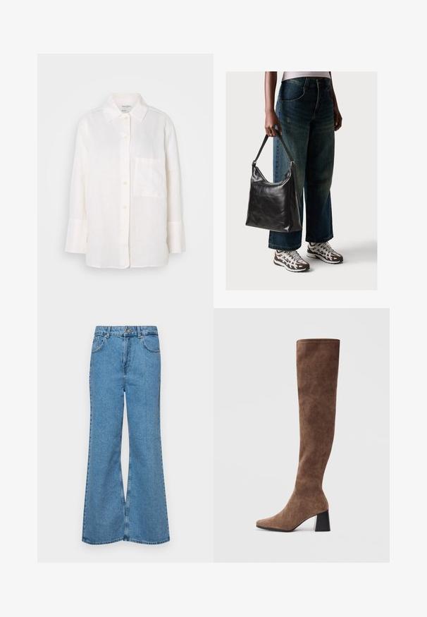 Valkoinen, pitkähihainen pellavapaita, jossa on nappikaulus. Siinä on etutasku ja rento, hieman ylisuuri malli. Texturoitu kangas.; Vaaleansiniset leveälahkeiset farkut, joissa on korkea vyötärö, viisi taskua ja yksi napin sulkeminen. Pehmeä pinta, jossa on haalistunut viimeistely.; Sukkapituiset ruskeat saappaat pehmeästä mokasta, joissa on teräväkärkinen muotoilu ja jykevä musta korko. Suunnittelussa on saumaton ompelu, joka antaa tyylikkään ilmeen.; Musta nahkainen olkalaukku, jossa on sileä pinta ja säädettävä hihna, yhdistettynä haalistuneisiin leveälahkeisiin farkkuihin ja urheilukenkien kanssa.