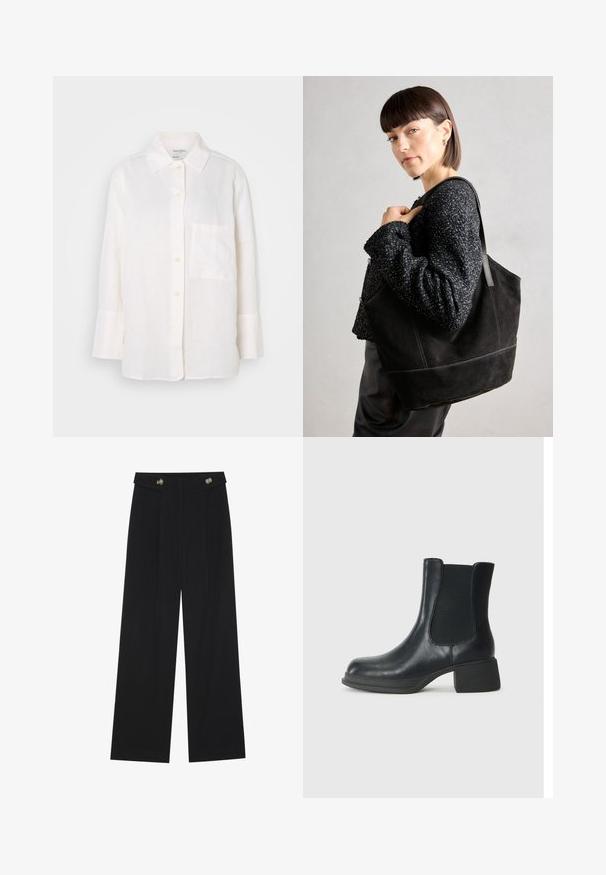 Valge, pika varrukaga linane särk, millel on nööpidega krae. Esiküljel on tasku ja see on lõdva, veidi ülepaisutatud istuvusega. Tekstuuriga kangas.; Mustad laiad püksid kõrge vöökoha ja nööpdetailidega vööandil, esikortsudega.; Mustadast mustast nahast pahkluu saabas, millel on elastsed külgpaneelid, ümar varvas ja madal plokk kand. Pinndl on sile tekstuur ja minimaalne detailide arv.; Must mustriga mustekott, millel on sile tekstuur, struktureeritud kuju ja kontrastsed õmblused. Omab pikki rihmasid õlavarre kandmiseks.