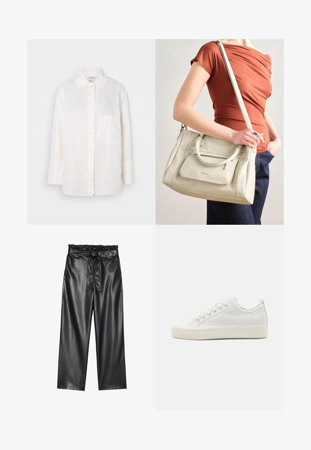 White, long-sleeve linen shirt with a button-down collar. Features a front pocket and a relaxed, slightly oversized fit. Textured fabric.; Black faux leather wide-leg pants with an elasticated, ruffled waistband, and a detachable tie belt. Smooth texture and minimal sheen.; White canvas sneakers with a textured upper, round toe cap, flat sole, and lace-up front. Features a slightly frayed collar and pull tab.; White leather handbag with dual handles and a detachable strap, featuring a front zip pocket and smooth texture. Carrying on a person's arm.