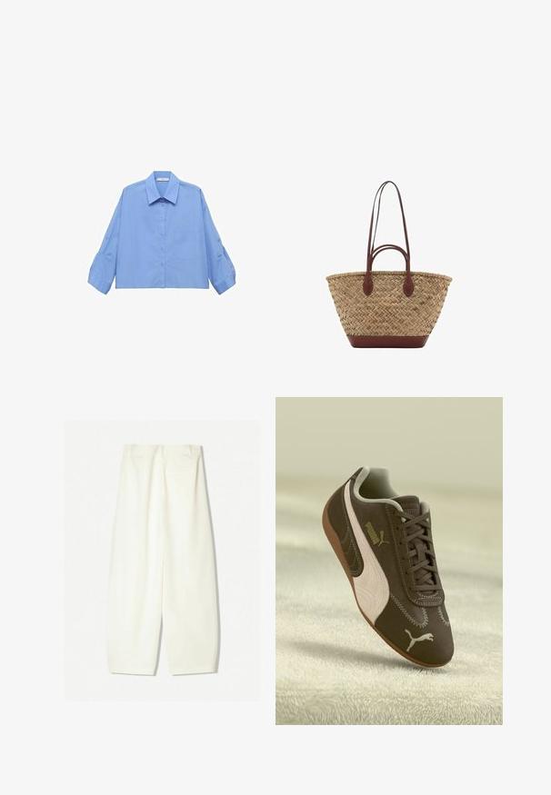 Hellesblaues, kurzes Hemd mit Knopfleiste, Kragen, langen Ärmeln und einer einzelnen Brusttasche. Hergestellt aus glattem Stoff.; Weite Hosen aus einem weichen Creme-Stoff, mit glatter Textur, seitlichen Taschen und einem lässigen Schnitt mit mittelhohem Bund.; Braune Puma-Sneaker mit beiger Streifen und Logo, geschnürt, auf einer strukturierten beigen Oberfläche ruhend.; Geflochtene Strohttasche mit geflochtener Textur, dunkelbraunen Ledergriffen und Boden, breiter runder Form und offenes Oberteil.